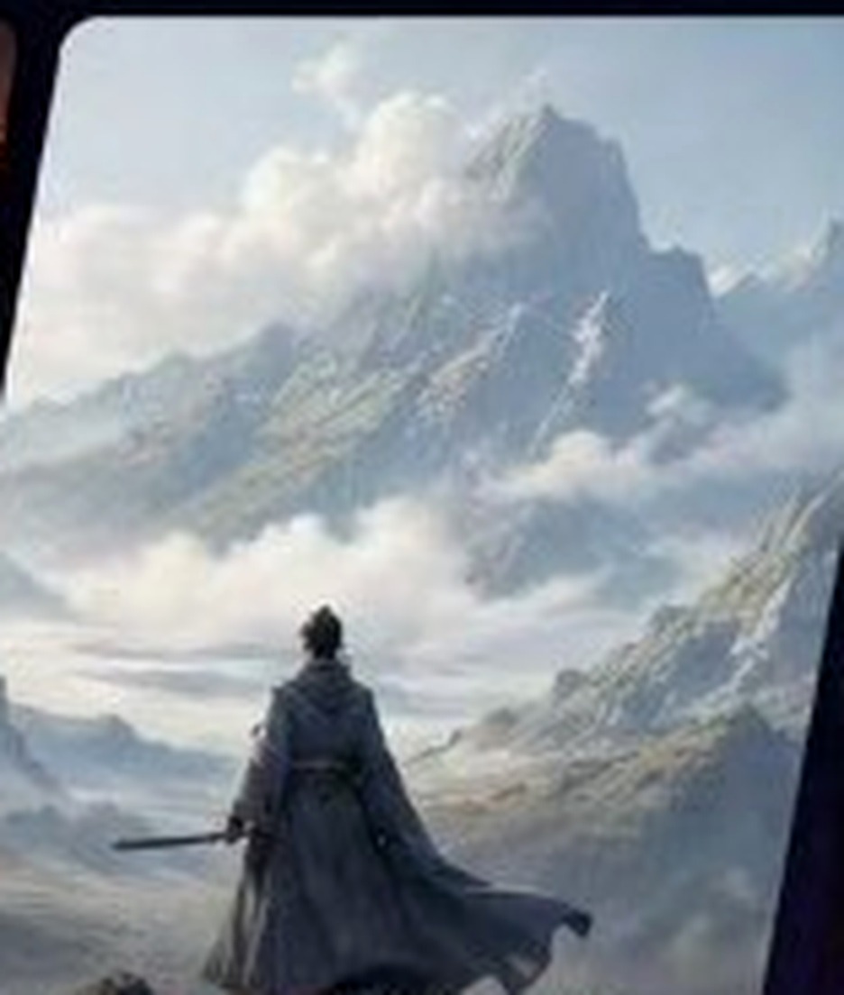 Character in traditional robes overlooking misty mountains